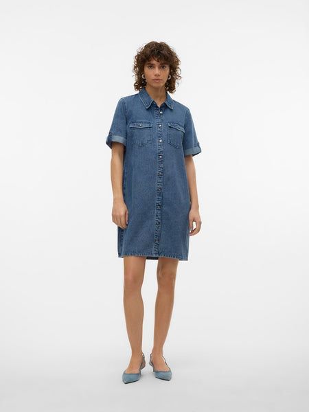 VERO MODA Short Sleeve Short Denim Dress in Medium Blue