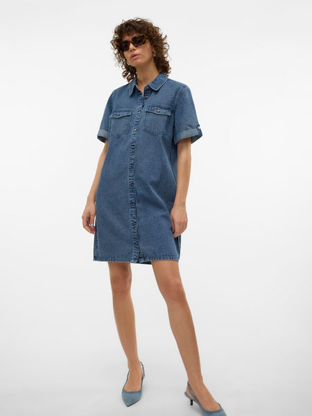 VERO MODA Short Sleeve Short Denim Dress in Medium Blue