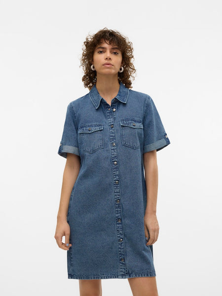 VERO MODA Short Sleeve Short Denim Dress in Medium Blue