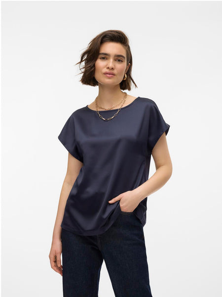 Vero Moda Satin Look Short Sleeve Top in Navy