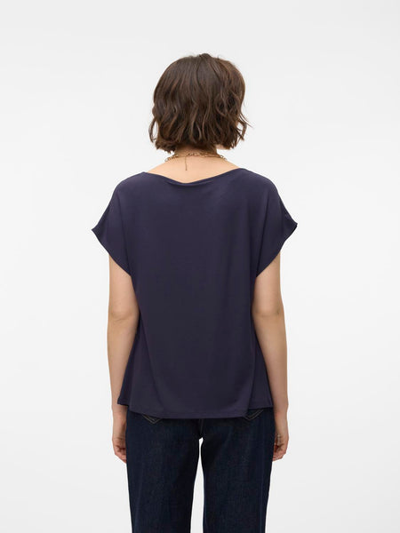 Vero Moda Satin Look Short Sleeve Top in Navy