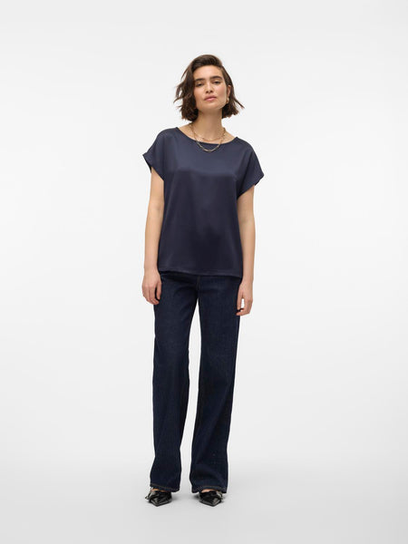 Vero Moda Satin Look Short Sleeve Top in Navy