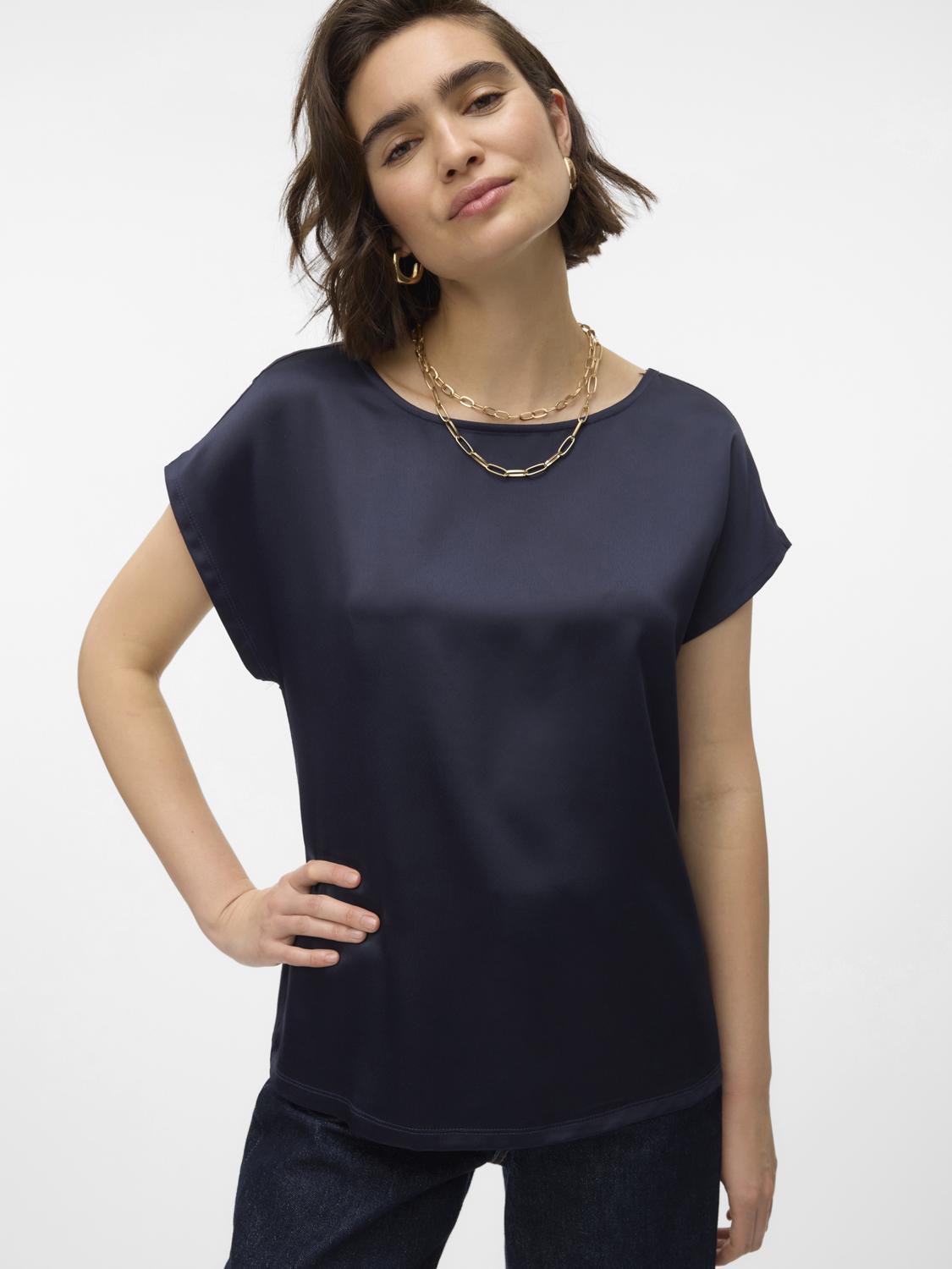 Vero Moda Satin Look Short Sleeve Top in Navy