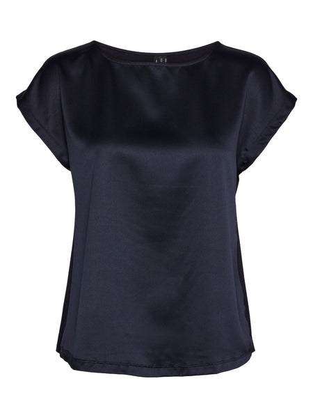 Vero Moda Satin Look Short Sleeve Top in Navy