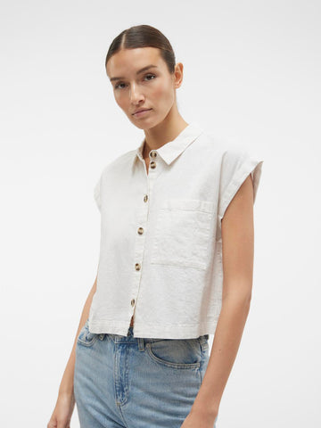 Vero Moda Sleeveless Cropped Linen Blend Shirt in Cream