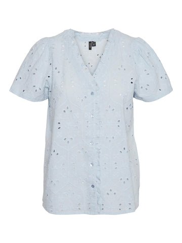 Vero Moda Short Sleeve Embroidered V-Neck Shirt in Blue