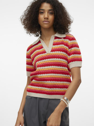 Vero Moda Striped Short Sleeve Crochet Polo Top in Beige
