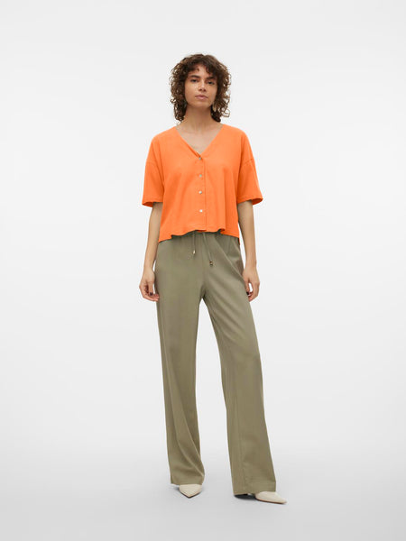 Vero Moda Short Sleeve Linen Blend V-Neck Top in Orange