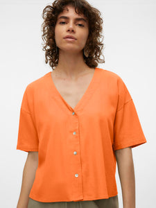 Vero Moda Short Sleeve Linen Blend V-Neck Top in Orange