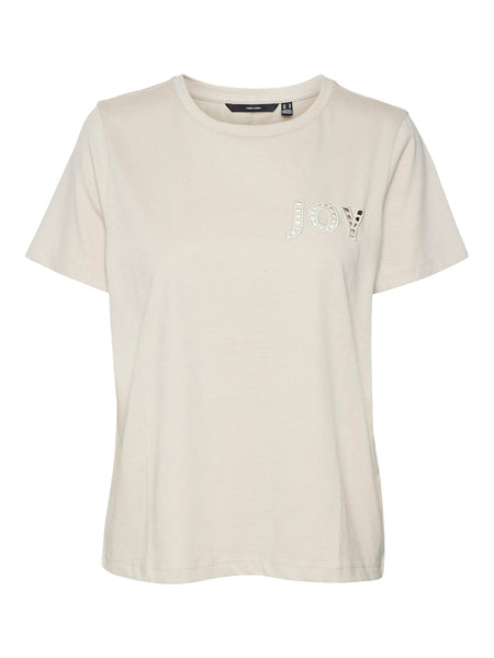 Vero Moda 'Joy' Embroidered T-Shirt in Beige