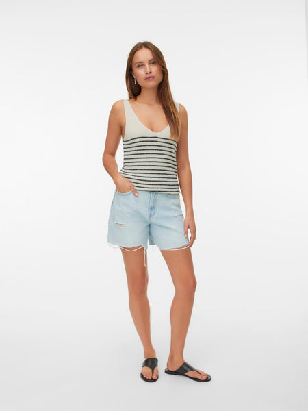 VERO MODA Striped Sleeveless Lurex V-Neck Top in Cream