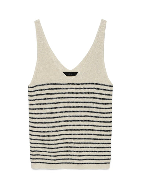 VERO MODA Striped Sleeveless Lurex V-Neck Top in Cream
