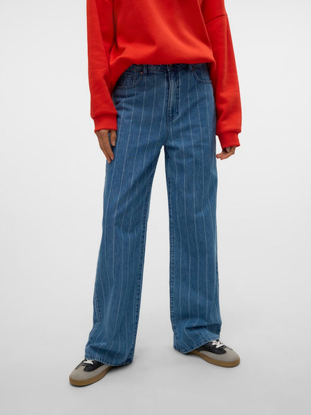 Vero Moda Wide Leg Pinstripe Jeans in Medium Blue Denim