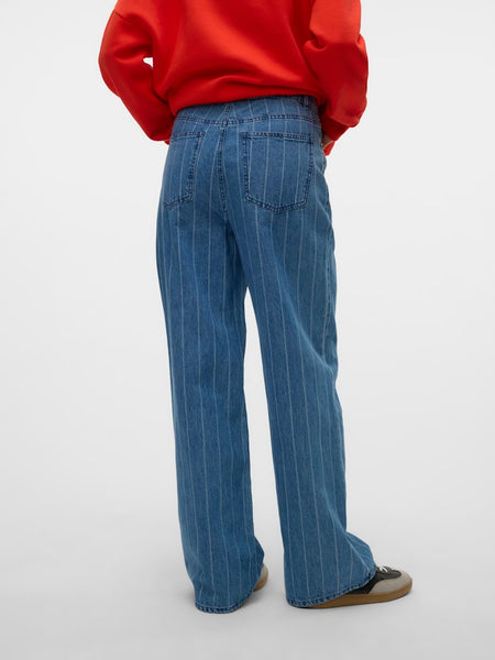 Vero Moda Wide Leg Pinstripe Jeans in Medium Blue Denim