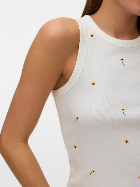 VERO MODA Embroidered Sunflower Tank Top in White