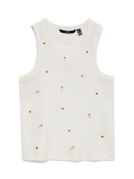 VERO MODA Embroidered Sunflower Tank Top in White