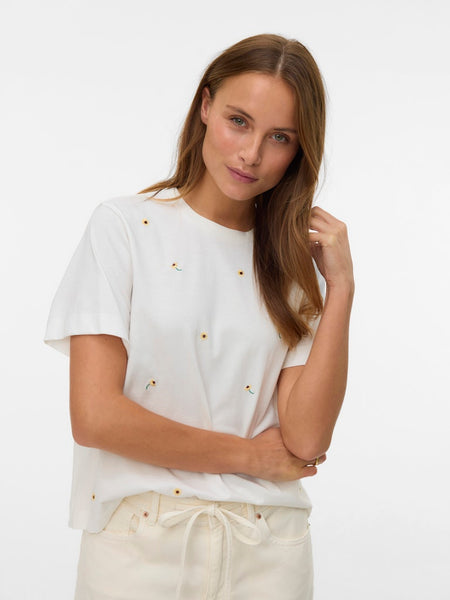 VERO MODA Embroidered Sunflower T-Shirt in White