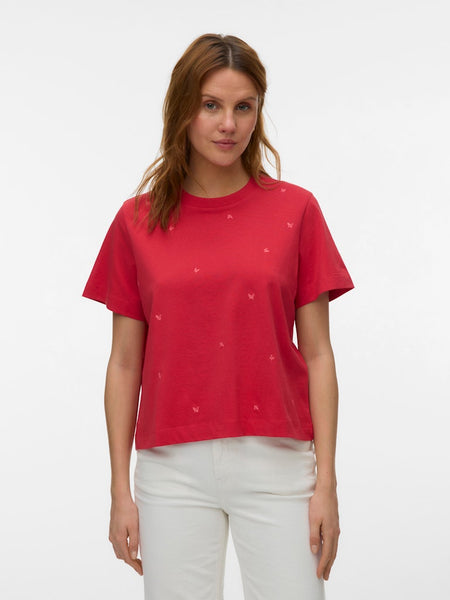 VERO MODA Embroidered Butterfly T-Shirt in Red