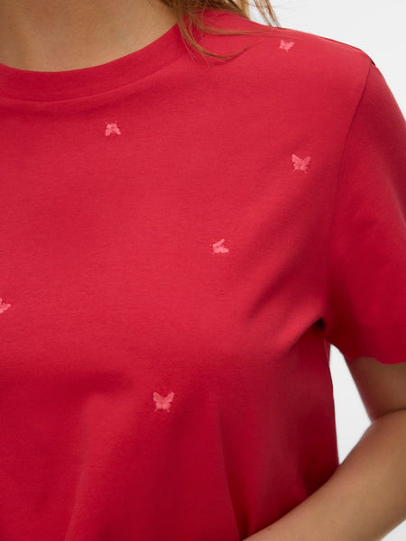 VERO MODA Embroidered Butterfly T-Shirt in Red