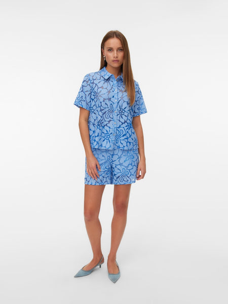 VERO MODA Short Sleeve Floral Lace Shirt in Blue