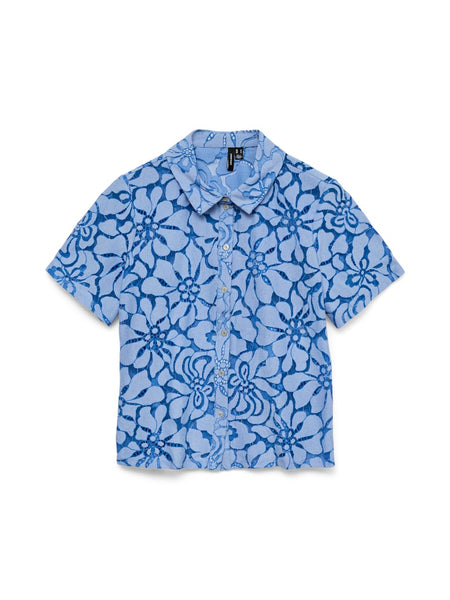 VERO MODA Short Sleeve Floral Lace Shirt in Blue