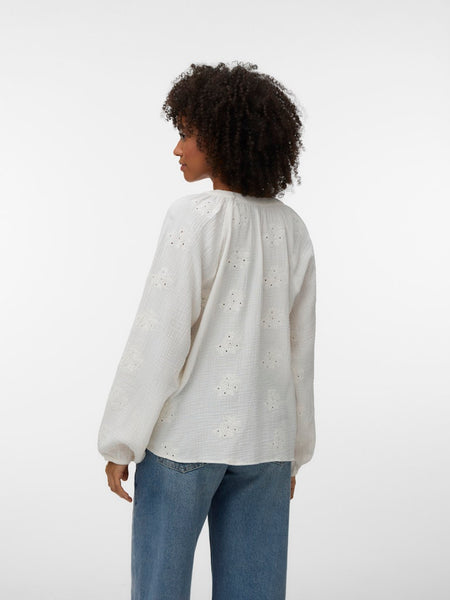 VERO MODA Embroidered V-Neck Cotton Top in White
