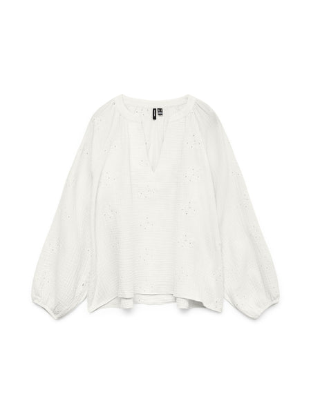 VERO MODA Embroidered V-Neck Cotton Top in White