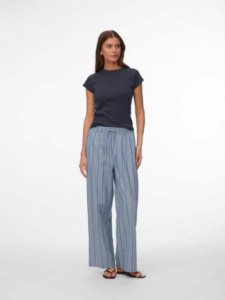 VERO MODA Striped Wide Leg Cotton Trousers in Blue