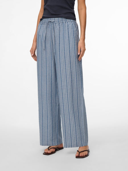 VERO MODA Striped Wide Leg Cotton Trousers in Blue