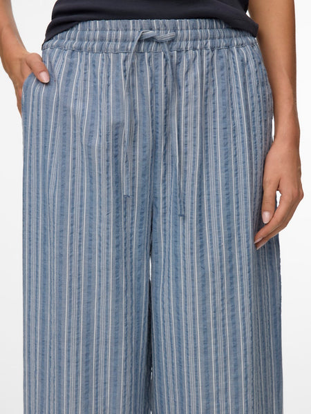 VERO MODA Striped Wide Leg Cotton Trousers in Blue