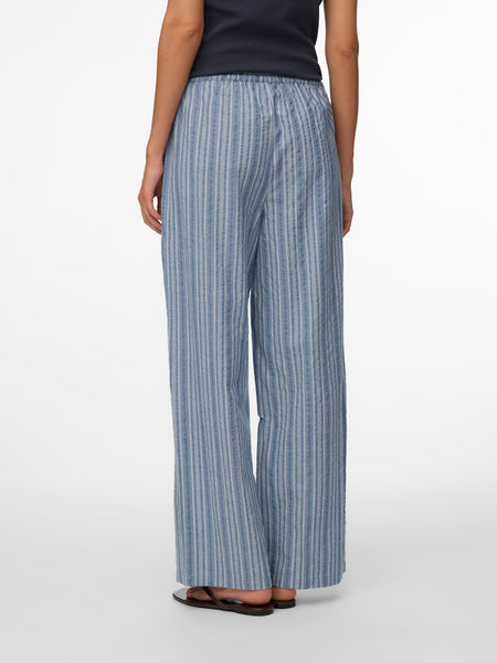 VERO MODA Striped Wide Leg Cotton Trousers in Blue