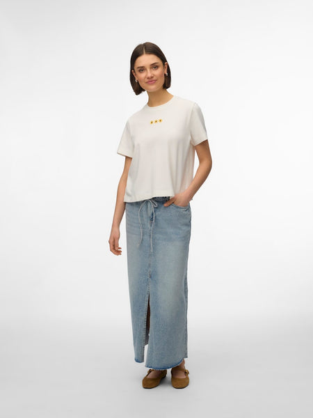 VERO MODA Boxy Embroidered Sunflower T-Shirt in White
