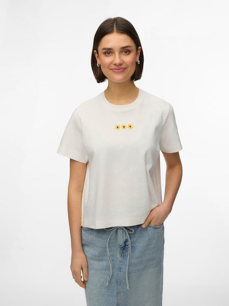 VERO MODA Boxy Embroidered Sunflower T-Shirt in White
