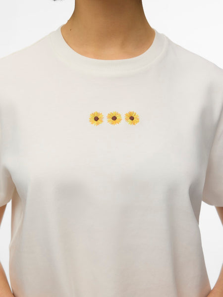 VERO MODA Boxy Embroidered Sunflower T-Shirt in White
