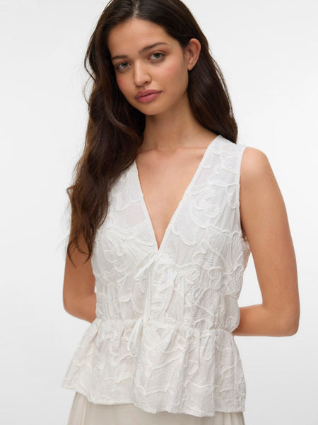 VERO MODA Embroidered Floral Sleeveless Tie Top in White