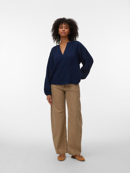 VERO MODA Embroidered V-Neck Cotton Top in Navy