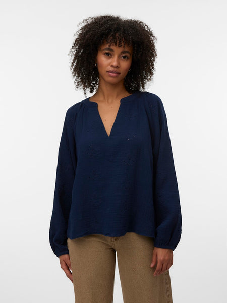 VERO MODA Embroidered V-Neck Cotton Top in Navy
