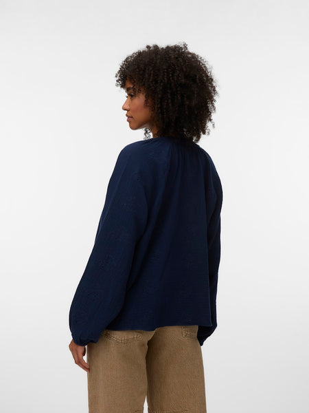 VERO MODA Embroidered V-Neck Cotton Top in Navy