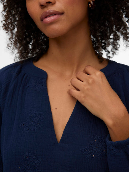 VERO MODA Embroidered V-Neck Cotton Top in Navy