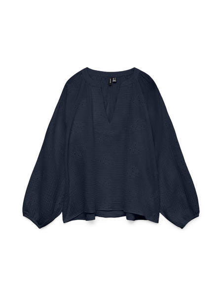 VERO MODA Embroidered V-Neck Cotton Top in Navy