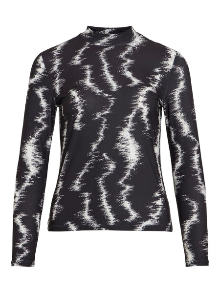 VILA Patterned Long Sleeve High Neck Top in Black