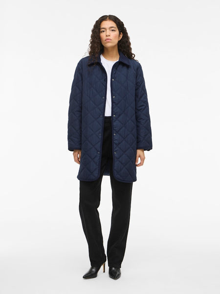 VILA Long Corduroy Detail Quilted Jacket in Navy