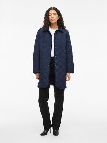 VILA Long Corduroy Detail Quilted Jacket in Navy