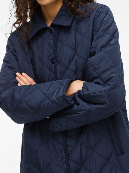 VILA Long Corduroy Detail Quilted Jacket in Navy