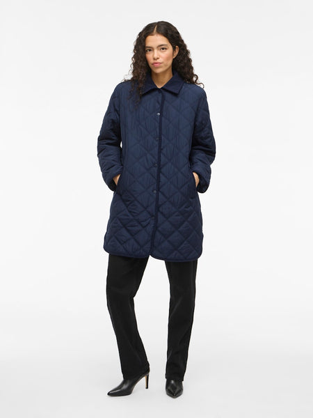 VILA Long Corduroy Detail Quilted Jacket in Navy