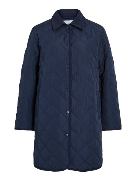 VILA Long Corduroy Detail Quilted Jacket in Navy