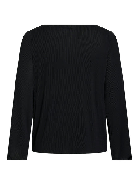 Vila Long Sleeve Boat Neck Plisse Top in Black