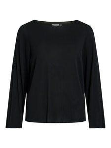 Vila Long Sleeve Boat Neck Plisse Top in Black