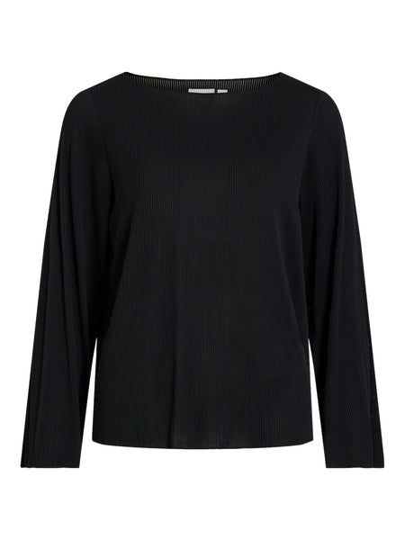 Vila Long Sleeve Boat Neck Plisse Top in Black