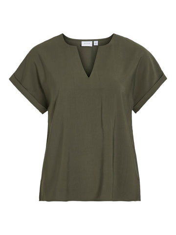 VILA Short Sleeve V-Neck Top in Khaki Green